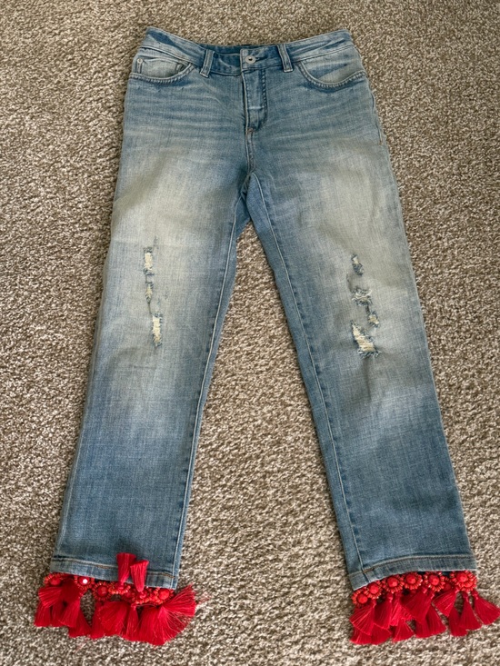 Pilcro and the Letterpress Denim - Pilcro and the Letterpress Light Blue Distressed Jeans with Red Tassel Hem
